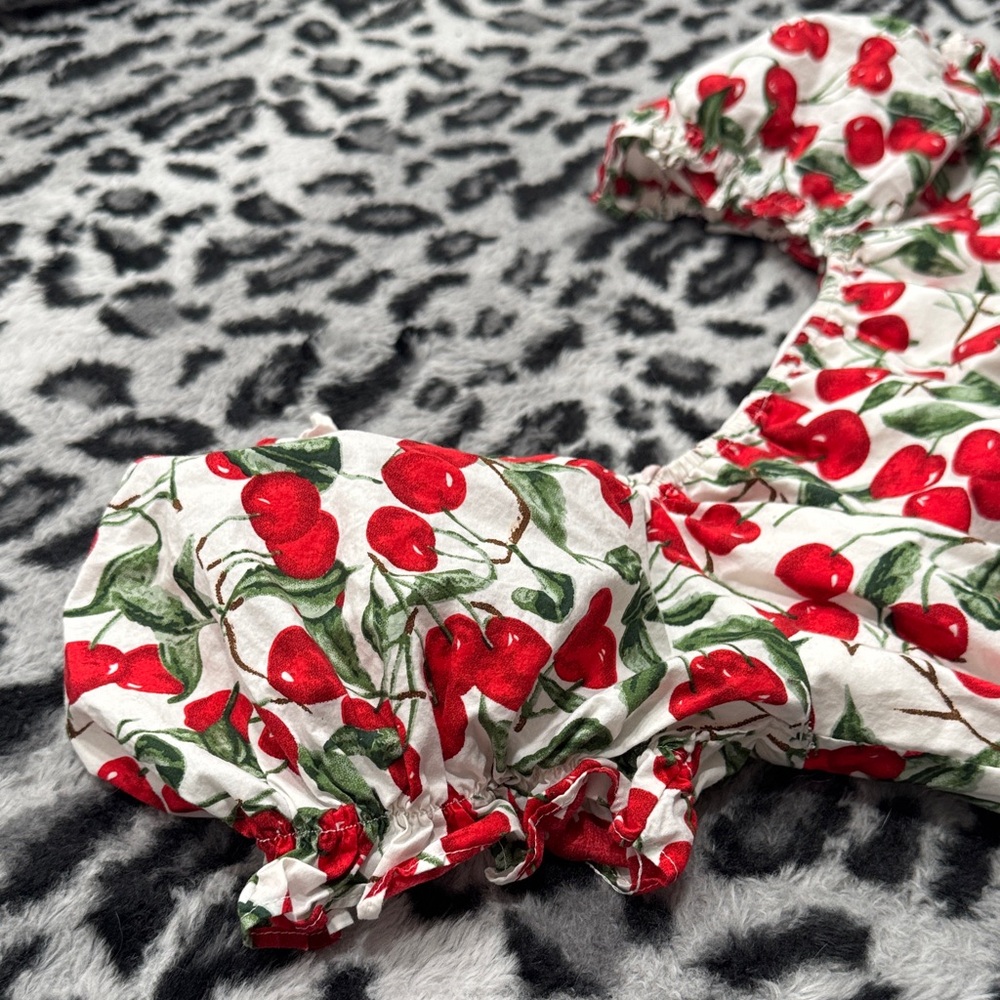 Cider Cherry-Print Puff Sleeve Crop Top - Picture 2 of 5